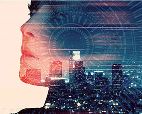 Montage image of a female face superimposed over a city night skyline