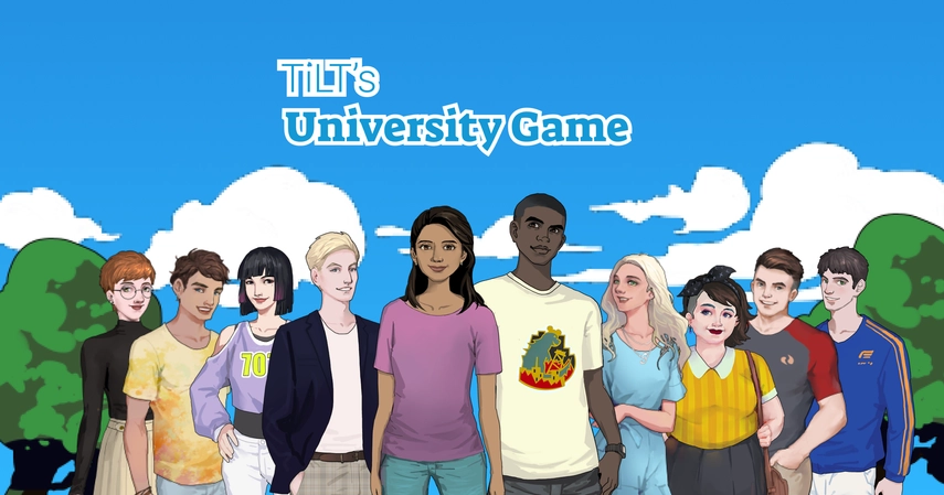 Graphic illustration of a diverse group of students standing outdoors