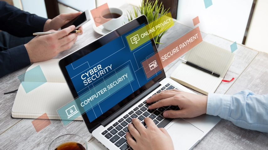 A person on their laptop looking at cyber security information.