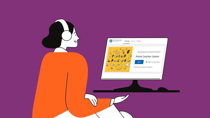 Person sitting by computer with an IT Security training module open on screen