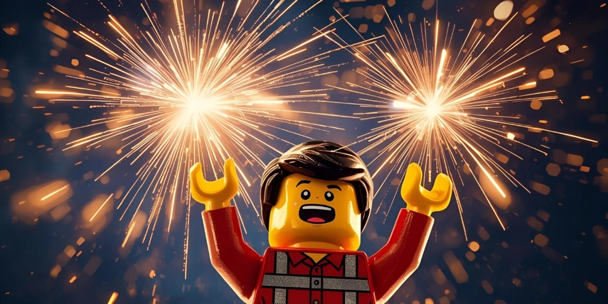 Lego man with new year's fireworks