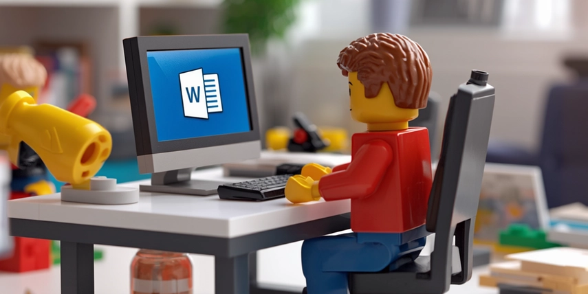 Image of lego man working on computer with Microsoft Word open