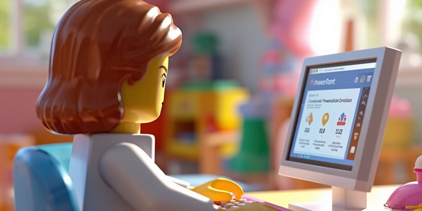 lego figure with powerpoint open on a computer screen