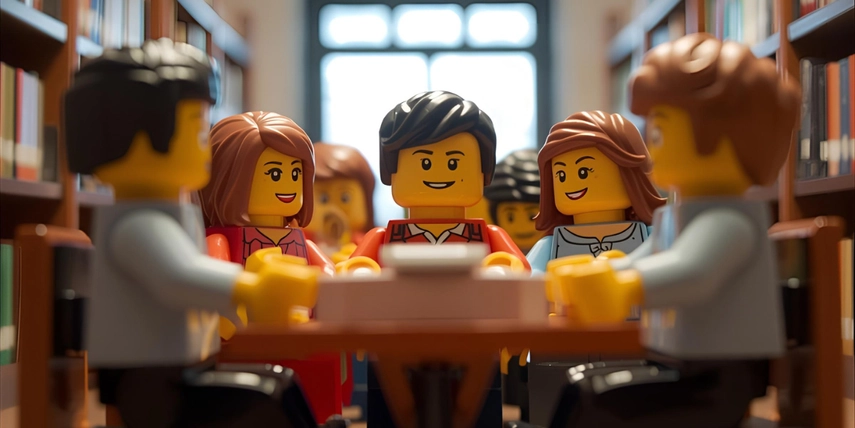Image of lego figurines sitting around a table working in a library