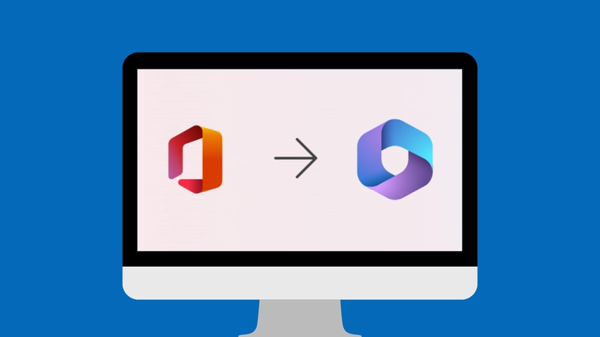 Image of old Office 365 logo pointing to new Microsoft 365 logo displayed on a computer icon screen