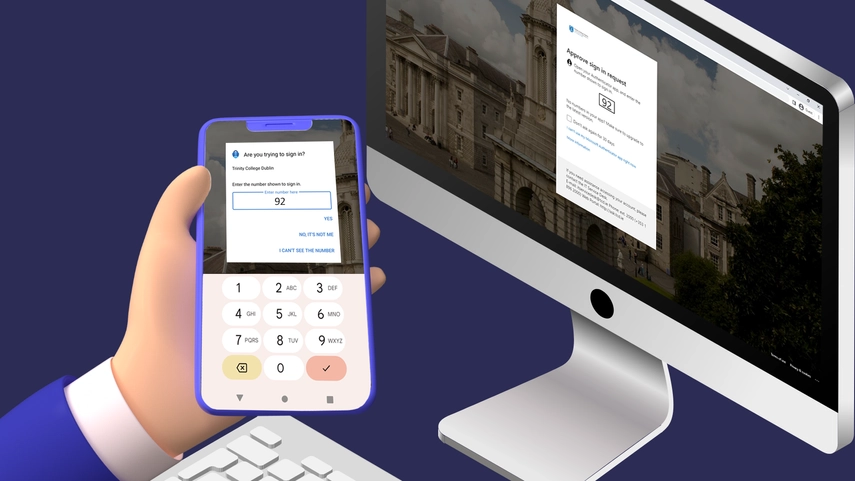 A phone and a screen showing number matching on the screens for the Microsoft Authenticator app