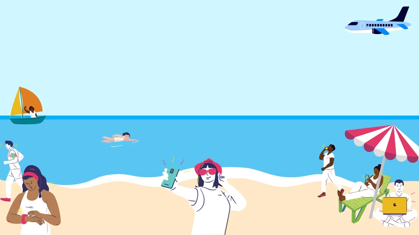 Image of a beach with people on it doing different things, like taking selfies, running, talking on the phone, browsing on their laptop.