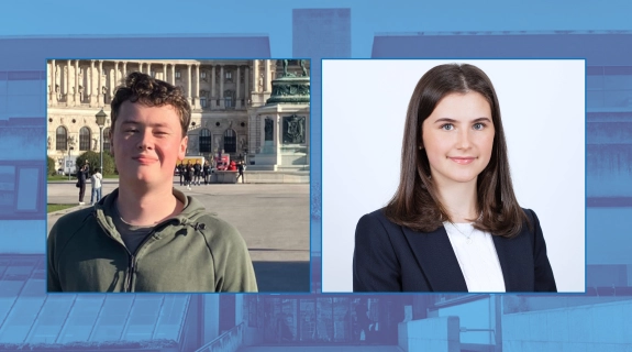 Headshots of Hugh Ó Ríordáin and Ellen Higgins.
