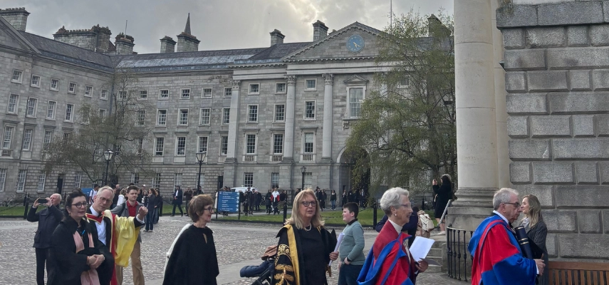 Academics in their ceremonial robes on Front Square walking to the Honorary Degree ceremony.