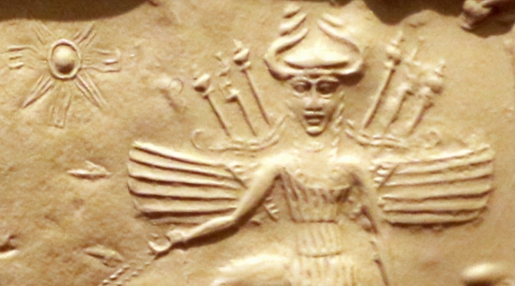 A depiction of Ishtar as an armed warrior on an Akkadian seal, 2350–2150 BCE.