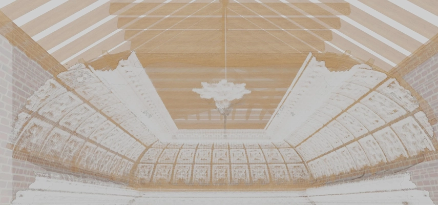 Brown and white rendered image of the vaulted ceiling in the Provost's Saloon with the wooden beam and brick wall structure which keeps it elevated on top.
