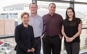 Pictured from left to right, are: Dr Lorraine Byrne, Executive Director, AMBER & CRANN, Trinity,  Dr Joseph M Ault, Senior Fellow, API and Bioprinting Lead, 3D Printing Center of Excellence, Johnson & Johnson, Professor Danny Kelly, AMBER Principal Investigator, School of Engineering, Trinity, and Director of the Trinity Centre for Bioengineering (TCBE). Dr. Gráinne Cunniffe, Project Manager / Sta