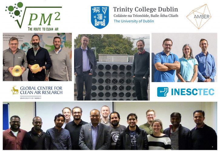 The PM2 consortium: Professor Mick Morris, Mr Richard Coull and Dr James Doyle from AMBER (left); Associate Professor Aonghus McNabola and Assistant Professor Dr John Gallagher from School of Engineering in Trinity (centre); Dr Jose C Rodrigues, Dr Catarina Maia and Dr Vasco Figueiredo Teles from INESC TEC in Porto, Portugal (right); and Professor Prashant Kumar, Chair of GCARE at the University o