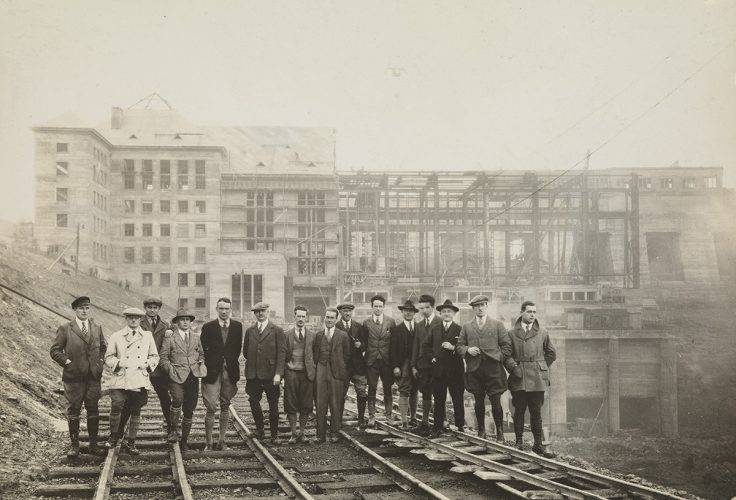 German and Irish engineers at the site of the construction of the Shannon Hydroelectric station at Ardnacrusha, county Clare, in 1928. David Gwynn – a student of engineering at Trinity College Dublin at the time – is fourth from the left.