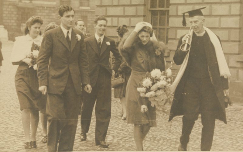 Wedding of Hannah Gwynn to James Quinn, Trinity College Dublin, 1942. Hannah was the daughter of Rev. Robert Malcolm Gwynn (right, with cap and gown).
