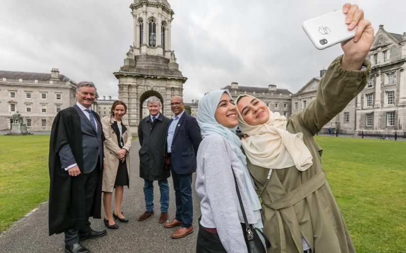 Provost of Trinity, Dr Patrick Prendergast, with Head of the Discipline of Near and Middle Eastern Studies at Trinity, Professor Anne Fitzpatrick, Director for Global Engagement at Trinity, Simon Williams, and College Secretary and Acting Head of College at the Al-Maktoum College of Higher Education, Dr A G Abubaker, with visiting students, Noaf Alblooki and Zainab Mahmood from the University of S
