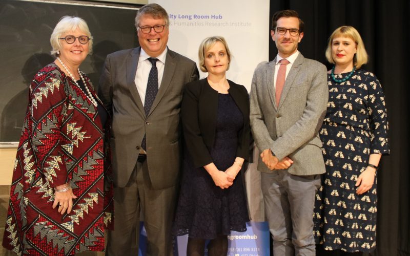 L to R: Jane Ohlmeyer, Director of the Trinity Long Room Hub, with speakers, Rory Montgomery, Professor Etain Tannam, Dr David Kenny and Jan Carson.