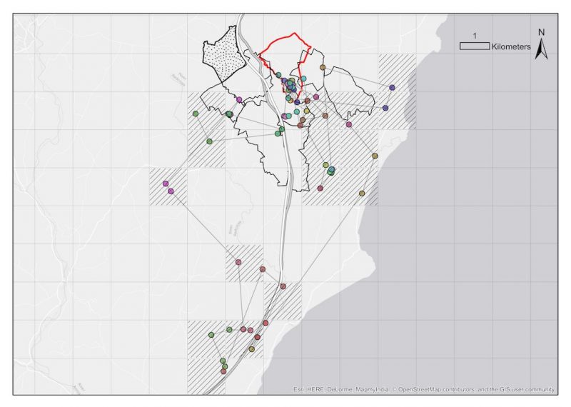 The dispersal movements of Tiffin during a two week period show she moved from the territory in red to the one in stippled black via more than 20 other social group territories and a 66 km trek.