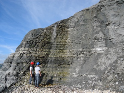 Geologists studying the Lower Jurassic (Pliensbachian) Belemnite Marl Member mudstone succession in Dorset, UK, showing orbitally paced variations of the sediment composition similar to the studied core in Wales. Photo credit: Micha Ruhl. 