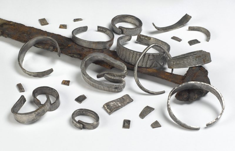 Viking artefacts found in Ireland: a Viking sword from Coolcronaun, Co. Mayo and a hoard of Viking silver from Cushalogurt, Co. Mayo, 10th century AD. Image credit: National Museum of Ireland.