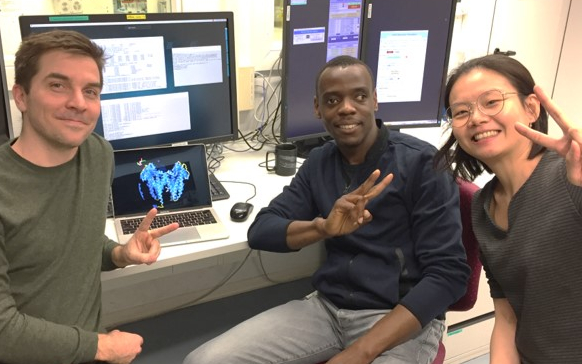 There at the birth of a new membrane protein structure. Researchers Vincent, Samir and Chia-Ying at the Swiss Light Source signal victory in solving the first X-ray crystal structure of an enzyme that may enable Gram-positive bacteria to evade the immune system by stealth.