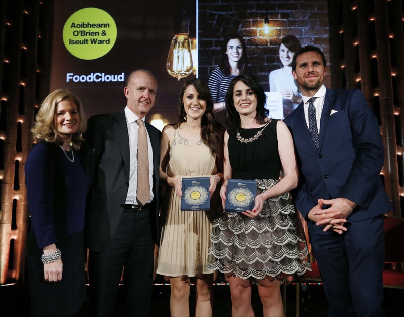 Aoibheann O'Brien and Iseult Ward of FoodCloud with CEO of DCC plc Tommy Breen, Tony Griffin the CEO of Soar and Annalisa O'Carroll from Social Entrepreneurs Ireland receiving the 2014 Social Entrepreneurs Ireland Impact award.