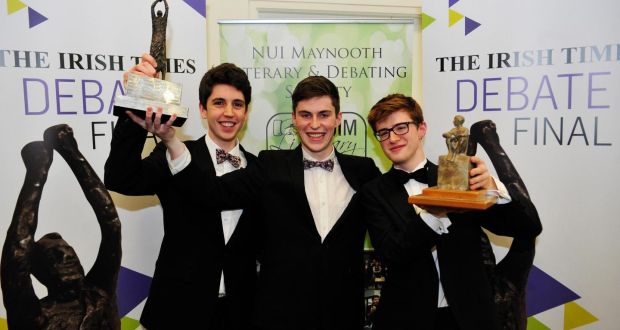 Team winners Ronan O'Connor and Hugh Guidera from Trinity Philosophical Society (left and centre) and Individual winner Eoin MacLachlan from UCD L&H