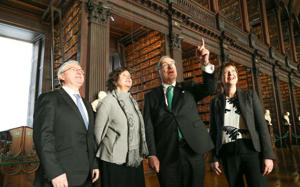 Peter Keegan, Bank of America; Helen Shenton, Librarian and College Archivist; Kevin O'Malley, US Ambassador and Susie Bioletti, Head of Conservation