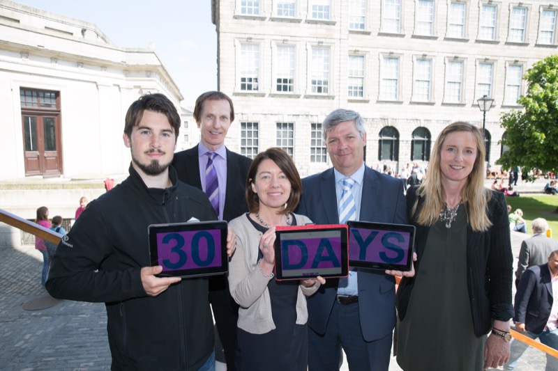 Pictured at the countdown, from left are Conor Clancy, SU Welfare Officer, Dr Pat Doorley, Chairman, ASH Ireland, Prof Linda Hogan, Vice-Provost, Dr David McGrath, Chair of Healthy Trinity: Tobacco Policy Group and Director of Trinity’s Health Service and Martina Mullin, Trinity’s Health Promotion Officer.