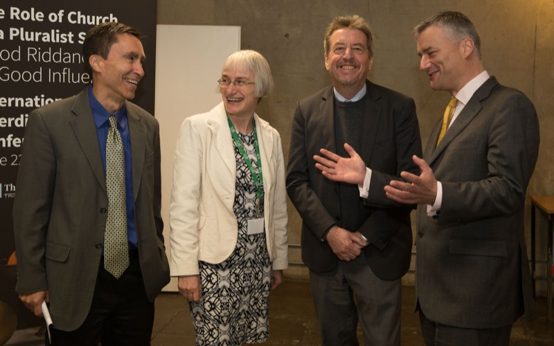 Debate: William T Cavanaugh, Fainche Ryan, Hans Joas and Provost Patrick Prendergast at the opening of the conference
