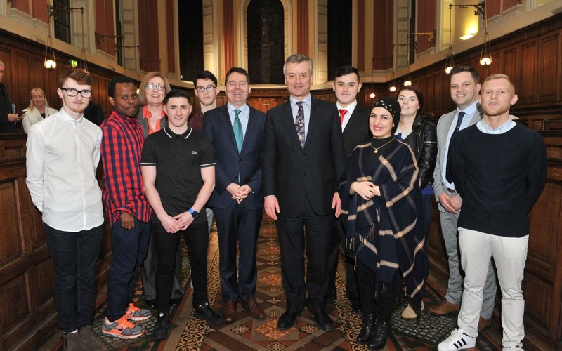  L to R -  Graduating students:Leon Bannerman, Hassan Hussein,  Prof Carmel O’sullivan Eric Fay, Leon Fay, Minister Paschal Donohoe, Provost, Dr Patrick Prendergast, Damien Ho, Bibi Rahima, Aisling Ffrench, Gavin Hennessy, Carlos Donovan.