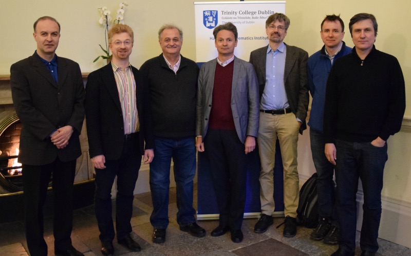 Left to right: HMI board members and guest speakers Gregory Gabadadze (New York University), Nikita Nekrasov (Simons Centre for Geometry and Physics, Stony Brook), Samson Shatashvili (University Chair of Natural Philosophy (1847) at Trinity & Director HMI), Yuri Tschinkel (NYU and Simons Foundation), Volker Schomerus (DESY) Andrei Okounkov (Columbia University) and Maxim Kontsevich (IHES).