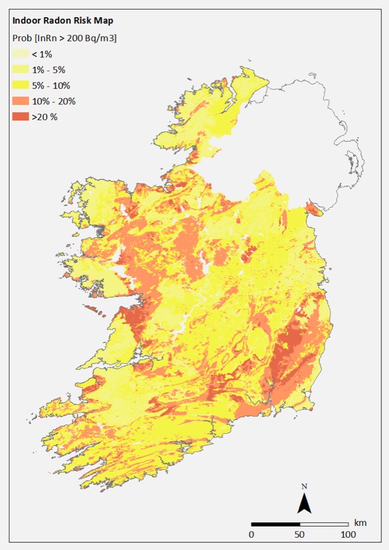 A new radon risk map shows the probability of indoor radon concentrations exceeding the reference level of 200 becquerels per cubic metre.