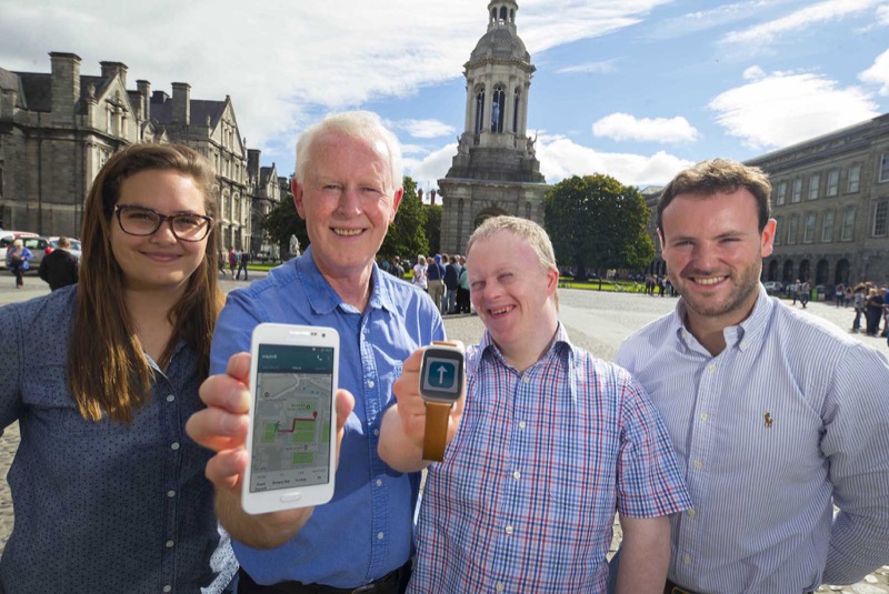 Trinity graduates, Talita Holzer Saad and Robbie Fryers, winners of the 2017 James Dyson award with Pat O’shea and his son, Patrick in Front Square 
