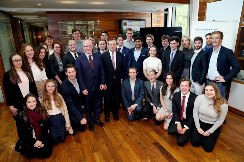 ECB President, Mr Draghi, Governor of the Central Bank, Prof Philip Lane & Trinity Economic Students.