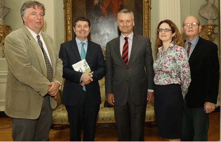Editors Associate Professor Francis O'Toole (left) and Professor John O'Hagan (right) pictured with Minister Paschal Donohoe, Provost, Dr Patrick Prendergast and Head of the School of Social Sciences and Philosophy, Professor Gail McElroy