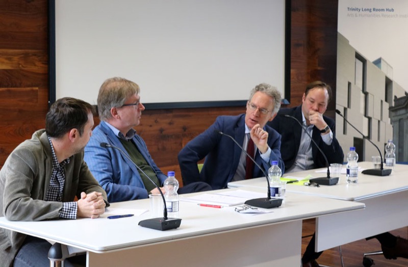 Panellists, professors Balazs Apor, Juergen Barkhoff, Dan Geary with  moderator, Fintan O'Toole.