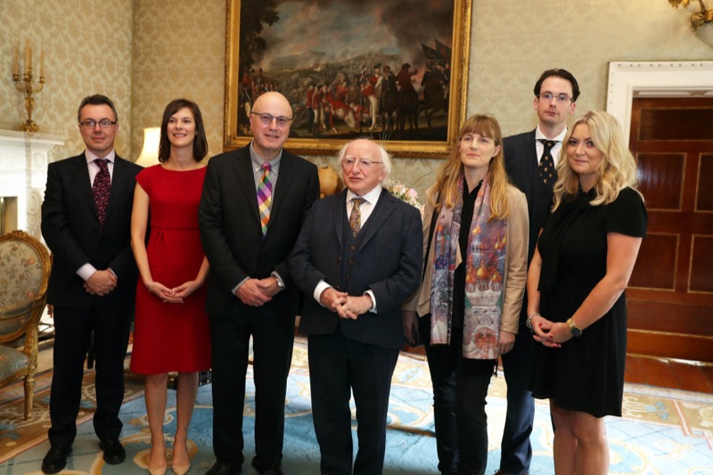 pictured at the awards ceremony (l to r) are: professor john laffey, dr claire mccoy, professor mark ferguson, director general of science foundation ireland and chief scientific adviser to the government of ireland, president michael d. higgins, dr christina kiel, dr tomás ryan and dr lydia lynch. picture by jason clarke.