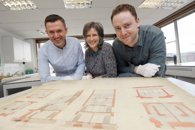 Pictured examining original architectural drawings for the Public Record Office were Dr Séamus Lawless and Dr Peter Crooks from Trinity’s ‘Beyond 2022:Ireland’s Virtual Record Treasury’ project and Zoë Reid Senior Conservator, National Archives of Ireland.