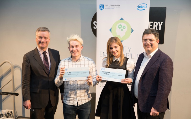 Provost of Trinity, Dr Patrick Prendergast, with winning students, Sean Mok and Anastasiia Shandra, and Intel Ireland General Manager, Eamonn Sinnott.