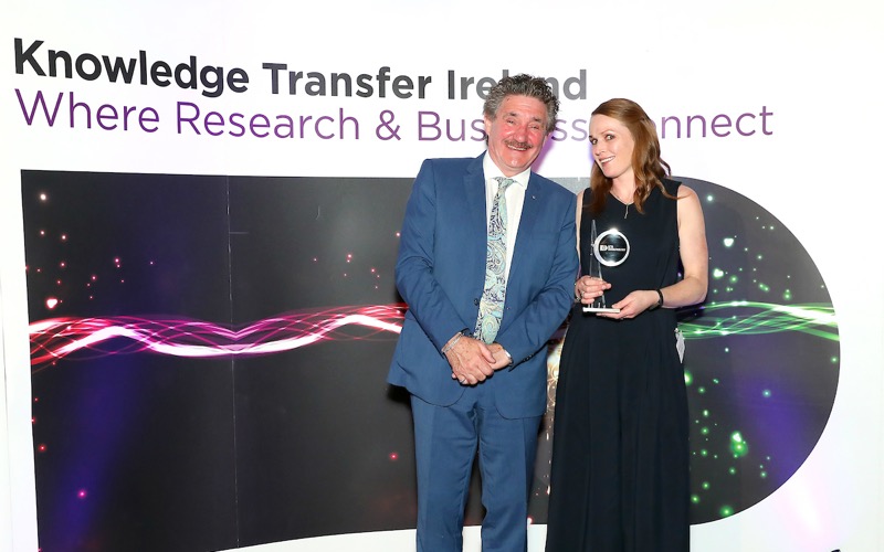 Minister of State for Training, Skills, Innovation, Research and Development, John Halligan, TD, with Knowledge Transfer Achiever Award-winner, Dr Emily Vereker.