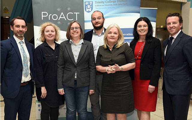 John Dinsmore, Health Innovation Lead /Deputy Director TCPHI; Prof Linda Doyle, Dean of Research, Trinity; Dr Wendy Belloumini, Director of IBM Research Ireland; Dr Spyros Kotoulas, Manager of the Health and Person-Centered Systems Research Group, IBM Research Ireland; Prof Anne Marie Brady, Head of School of Nursing & Midwifery; Prof Catherine McCabe, Director of TCPHI and Dr John McKeon, CEO All