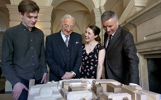 Trinity STEM students, Cian Walsh (Computer Science & Language) and Aedin McAdams (Zoology) with Dr Naughton & Provost.