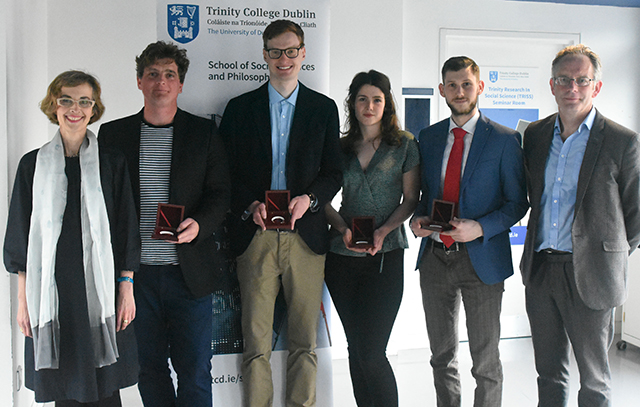 Dr Gillian Martin, Senior lecturer and Prof Neville Cox, Dean of Graduate Studies congratulate this year’s Dermot McAleese Teaching Awards winners, Matthew Shearer, Stefan Müller, Sara Singleton and Stefano Ceolotto