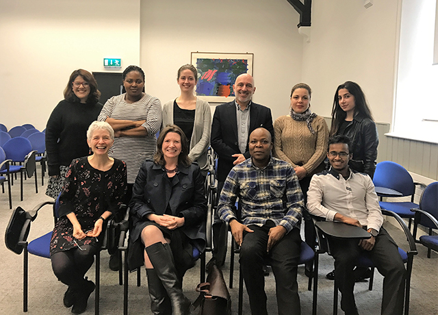Back row: Ms. Sahar Ahmed, PhD Student, Law; Ms. Thandi Sibiya, Places of Sanctuary Ireland; Ms. Aoife Crawford, Equality Officer; Dr. Fintan Sheerin, Lecturer in Nursing and Co-Chair; Ms. Donika Gega, Asylum Seekers/Refugee Representative; Ms. Kamar Naser, JF Student, Pharmacy. Front row: Dr. Gillian Wylie, Assistant Professor in Peace Studies and Co-Chair; Professor Paula Murphy, Registrar and C