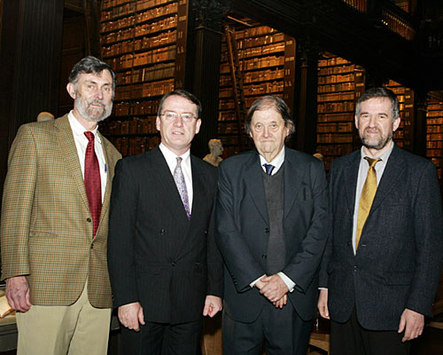 Dr. daniel mc carthy, fellow emeritus tcd; prof. dáibhí ó cróinín, mria fsa, dept. of history, nui galway; prof. john g. byrne, fellow emeritus tcd; dr. bernard meehan, keeper of manuscipts, tcd.