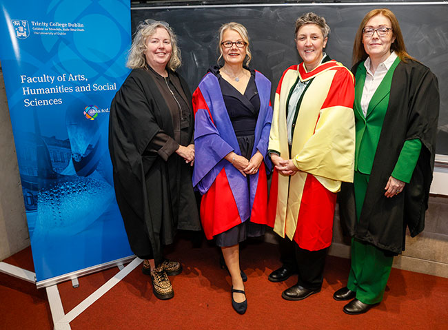 Professor Virpi Timonen at her Inaugural Lecture with the Provost of Trinity College Dublin, Head of School of Social Work and Social Policy, and the Dean of the Faculty of Arts, Humanities and Social Studies.