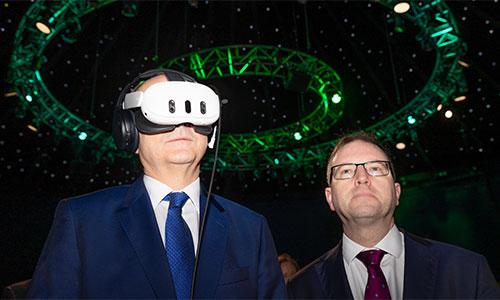 Image of an Taoiseach Michael Martin and TD James Lawless at TCD Not I VR presentation