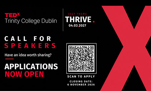 TEDx TCD 2027 Call for speakers deadline 06 November 2026.