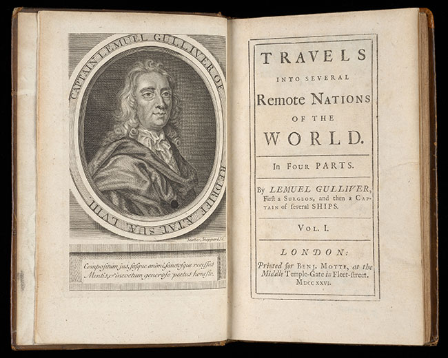 Title-page and frontispiece portrait depicting Lemuel Gulliver (London, 1726), CC-BY, The Board of Trinity College Dublin.